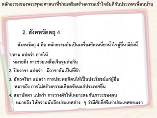 หลักธรรมของพระพุทธศาสนาที่ช่วยเสริมสร้างความเข้าใจอันดีกับประเทศเพื่อนบ้าน
2. สังคหวัตตถุ 4
สังคหวัตถุ 4 คือ หลักธรรมอันเป็นเครื่องยึดเหนี่ยวน้าใจผู้อื่น มีดังนี้
1.ทาน แปลว่า การให้
หมายถึง การช่วยเหลื่อเจือจุนต่อกัน
2. ปิยวาจา แปลว่า มีวาจาอ้นเป็นที่รัก
3. อัตถจริยา แปลว่า การประพฤติตนให้เป็นประโยชน์แก่ผู้อื่น
หมายถึง การไม่สร้างความเดือดร้อนแก่ประเทศอื่น
4. สมานัตตา แปลว่า การวางตัวให้เหมาะสมกับภาวะของตน
หมายถึง ให้ความนับถือประเทศต่าง ๆ ว่ามีศักดิ์ศรีเท่าประเทศของเรา
 