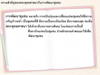 ความสาคัญของพระพุทธศาสนากับการพัฒนาชุมชน
การพัฒนาชุมชน หมายถึง การปรับปรุงและเปลี่ยนแปลงชุมชนให้มีความ
เจริญก้าวหน้า เป็นชุมชนที่ดี มีความเป็นระเบียบร้อย มีความสงบสุข ร่มเย็น
พระพุทธศาสนา ได้เข้ามามีบทบาททางสังคม ในแง่ของการเป็นที่
พึ่งทางใจแก่คนในชุมชน นาหลักธรรมคาสอนมาใช้เพื่อ
พัฒนาชุมชน
 