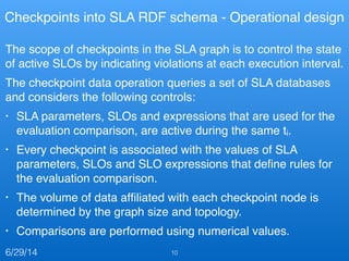 Checkpoints into SLA RDF schema - Operational design
The scope of checkpoints in the SLA graph is to control the state
of active SLOs by indicating violations at each execution interval.!
The checkpoint data operation queries a set of SLA databases
and considers the following controls:!
• SLA parameters, SLOs and expressions that are used for the
evaluation comparison, are active during the same ti. !
• Every checkpoint is associated with the values of SLA
parameters, SLOs and SLO expressions that deﬁne rules for
the evaluation comparison.!
• The volume of data afﬁliated with each checkpoint node is
determined by the graph size and topology.!
• Comparisons are performed using numerical values.
106/29/14
 