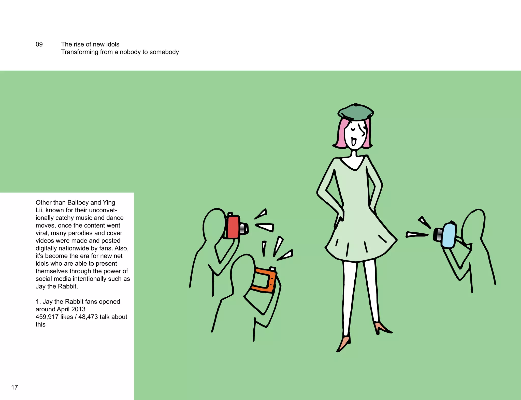 09 The rise of new idols 
Transforming from a nobody to somebody 
Other than Baitoey and Ying 
Lii, known for their unconvet-ionally 
catchy music and dance 
moves, once the content went 
viral, many parodies and cover 
videos were made and posted 
digitally nationwide by fans. Also, 
it’s become the era for new net 
idols who are able to present 
themselves through the power of 
social media intentionally such as 
Jay the Rabbit. 
1. Jay the Rabbit fans opened 
around April 2013 
459,917 likes / 48,473 talk about 
this 
17 18 
 