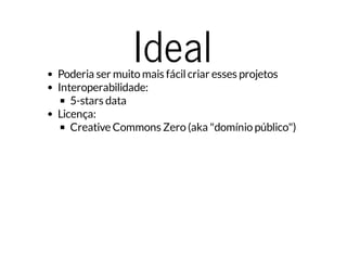 Ideal Poderia ser muito mais fácil criar esses projetos 
Interoperabilidade: 
5-stars data 
Licença: 
Creative Commons Zero (aka "domínio público") 
 