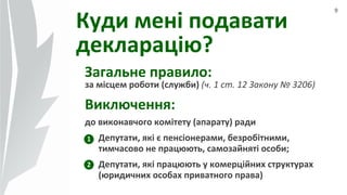 9
Куди мені подавати
декларацію?
Загальне правило:
за місцем роботи (служби) (ч. 1 ст. 12 Закону № 3206)
Виключення:
до виконавчого комітету (апарату) ради
Депутати, які є пенсіонерами, безробітними,
тимчасово не працюють, самозайняті особи;
Депутати, які працюють у комерційних структурах
(юридичних особах приватного права)
1
2
 