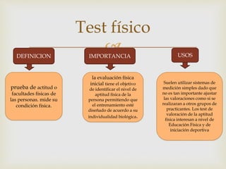 
Test físico
DEFINICION
prueba de actitud o
facultades físicas de
las personas. mide su
condición física.
IMPORTANCIA
la evaluación física
inicial tiene el objetivo
de identificar el nivel de
aptitud física de la
persona permitiendo que
el entrenamiento esté
diseñado de acuerdo a su
individualidad biológica.
USOS
Suelen utilizar sistemas de
medición simples dado que
no es tan importante ajustar
las valoraciones como si se
realizaran a otros grupos de
practicantes. Los test de
valoración de la aptitud
física interesan a nivel de
Educación Física y de
iniciación deportiva
 