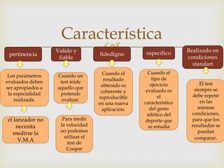 
Característica
pertinencia
Valido y
fiable
especificofidedigno
Realizado en
condiciones
standart
Los parámetros
evaluados deben
ser apropiados a
la especialidad
realizada.
el lanzador no
necesita
medirse la
V.M.A
Cuando un
test mide
aquello que
pretende
evaluar.
Para medir
la velocidad
no podemos
utilizar el
test de
Cooper
Cuando el
resultado
obtenido es
coherente y
reproducible
en una nueva
aplicación.
Cuando el
tipo de
ejercicio
evaluado es
el
característico
del gesto
atlético del
deporte que
se estudia
El test
siempre se
debe repetir
en las
mismas
condiciones,
para que los
resultados se
puedan
comparar.
 