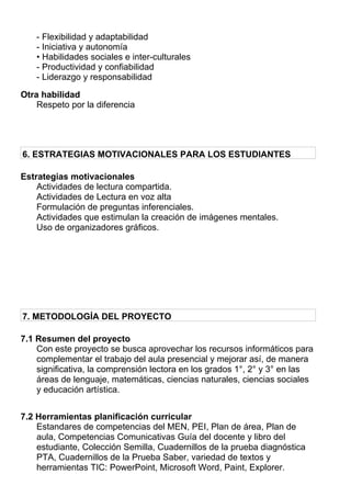 - Flexibilidad y adaptabilidad
- Iniciativa y autonomía
• Habilidades sociales e inter-culturales
- Productividad y confiabilidad
- Liderazgo y responsabilidad
Otra habilidad
Respeto por la diferencia
6. ESTRATEGIAS MOTIVACIONALES PARA LOS ESTUDIANTES
Estrategias motivacionales
Actividades de lectura compartida.
Actividades de Lectura en voz alta
Formulación de preguntas inferenciales.
Actividades que estimulan la creación de imágenes mentales.
Uso de organizadores gráficos.
7. METODOLOGÍA DEL PROYECTO
7.1 Resumen del proyecto
Con este proyecto se busca aprovechar los recursos informáticos para
complementar el trabajo del aula presencial y mejorar así, de manera
significativa, la comprensión lectora en los grados 1°, 2° y 3° en las
áreas de lenguaje, matemáticas, ciencias naturales, ciencias sociales
y educación artística.
7.2 Herramientas planificación curricular
Estandares de competencias del MEN, PEI, Plan de área, Plan de
aula, Competencias Comunicativas Guía del docente y libro del
estudiante, Colección Semilla, Cuadernillos de la prueba diagnóstica
PTA, Cuadernillos de la Prueba Saber, variedad de textos y
herramientas TIC: PowerPoint, Microsoft Word, Paint, Explorer.
 