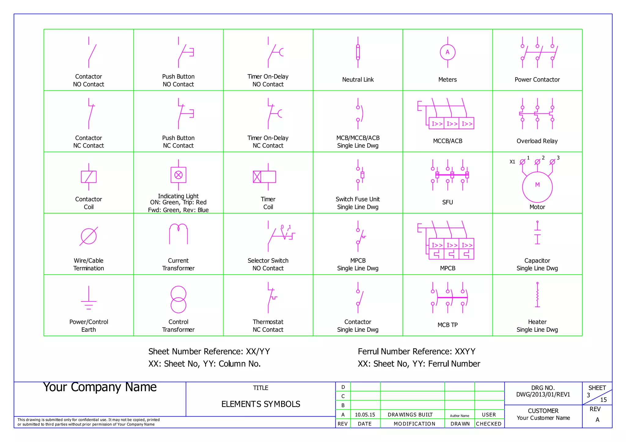 Your Company Name
This drawing is submitted only for confidential use. It may not be copied, printed
or submitted to third parties without prior permission of Your Company Name
TITLE
ELEMENTS SYMBOLS
REV DATE MODIFICATION DRAWN CHECKED
A
B
C
D
10.05.15 DRAWINGS BUILT Author Name USER
DRG NO.
DWG/2013/01/REV1
CUSTOMER
Your Customer Name
SHEET
3
15
REV
A
Contactor
NO Contact
Contactor
NC Contact
Contactor
Coil
Wire/Cable
Termination
Power/Control
Earth
Push Button
NO Contact
Push Button
NC Contact
Indicating Light
ON: Green, Trip: Red
Fwd: Green, Rev: Blue
Current
Transformer
Control
Transformer
Timer On-Delay
NO Contact
Timer On-Delay
NC Contact
Timer
Coil
10
Selector Switch
NO Contact
Thermostat
NC Contact
Neutral Link
MCB/MCCB/ACB
Single Line Dwg
Switch Fuse Unit
Single Line Dwg
MPCB
Single Line Dwg
Contactor
Single Line Dwg
A
Meters
I>> I>> I>>
MCCB/ACB
SFU
I>> I>> I>>
MPCB
MCB TP
Power Contactor
Overload Relay
X1
1 2 3
M
Motor
Capacitor
Single Line Dwg
Heater
Single Line Dwg
Sheet Number Reference: XX/YY
XX: Sheet No, YY: Column No.
Ferrul Number Reference: XXYY
XX: Sheet No, YY: Ferrul Number
 