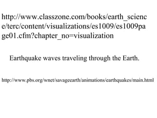 http://www.classzone.com/books/earth_scienc
e/terc/content/visualizations/es1009/es1009pa
ge01.cfm?chapter_no=visualization
Earthquake waves traveling through the Earth.
http://www.pbs.org/wnet/savageearth/animations/earthquakes/main.html
 