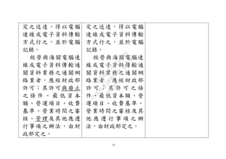14
定之送達，得以電腦
連線或電子資料傳輸
方式行之，並於電腦
記錄。
經營與海關電腦連
線或電子資料傳輸通
關資料業務之通關網
路業者，應經財政部
許可；其許可與廢止
之 條 件 、 最 低 資 本
額、營運項目、收費
基準、營業時間之審
核、管理及其他應遵
行事項之辦法，由財
政部定之。
定之送達，得以電腦
連線或電子資料傳輸
方式行之，並於電腦
記錄。
經營與海關電腦連
線或電子資料傳輸通
關資料業務之通關網
路業者，應經財政部
許 可 ； 其 許 可 之 條
件、最低資本額、營
運項目、收費基準、
營業時間之審核及其
他 應 遵 行 事 項 之 辦
法，由財政部定之。
行
政
院
行
政
院
第
3496次
院
會
會
議
1C8D6D9751156A93
 