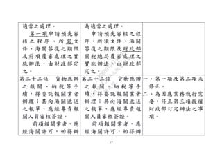 17
適當之處理。
第一項申請預先審
核 之 程 序 、 所 需 文
件、海關答復之期限
及前項覆審處理之實
施辦法，由財政部定
之。
為適當之處理。
申請預先審核之程
序、所須文件、海關
答復之期限及財政部
關稅總局覆審處理之
實施辦法，由財政部
定之。
第二十二條 貨物應辦
之 報 關 、 納 稅 等 手
續，得委託報關業者
辦理；其向海關遞送
之報單，應經專責報
關人員審核簽證。
前項報關業者，應
經海關許可，始得辦
第二十二條 貨物應辦
之 報 關 、 納 稅 等 手
續，得委託報關業者
辦理；其向海關遞送
之報單，應經專責報
關人員審核簽證。
前項報關業者，應
經海關許可，始得辦
一、第一項及第二項未
修正。
二、為因應業務執行需
要，修正第三項授權
財政部訂定辦法之事
項。
行
政
院
行
政
院
第
3496次
院
會
會
議
1C8D6D9751156A93
 