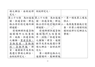 20
項之辦法，由財政部
定之。
財政部定之。
第二十七條 為加速通
關，快遞貨物、郵包
物品得於特定場所辦
理通關。
前項辦理快遞貨物
通 關 場 所 之 設 置 條
件、地點、快遞貨物
之種類、業者資格、
貨 物 態 樣 、 貨 物 識
別 、 貨 物 申 報 、 理
貨、通關程序及其他
應遵行事項之辦法，
由財政部定之。
第二十七條 為加速通
關，快遞貨物、郵包
物品得於特定場所辦
理通關。
前項辦理快遞貨物
通 關 場 所 之 設 置 條
件、地點、快遞貨物
之種類、理貨、通關
程序及其他應遵行事
項之辦法，由財政部
定之。
第一項郵包物品之
通關場所、應辦理報
一、第一項及第三項未
修正。
二、為因應業務執行需
要，於第二項增列授
權財政部訂定辦法之
事項。
行
政
院
行
政
院
第
3496次
院
會
會
議
1C8D6D9751156A93
 