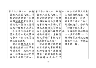 27
第三十六條之一 納稅
義務人或其代理人得
於貨物進口前，向財
政部關務署申請預先
審核進口貨物之實付
或應付價格有無第二
十九條第三項規定或
其他應計入完稅價格
之費用，審核之答復
應以書面為之。
財政部關務署對於
前項預先審核結果有
所變更時，應敘明理
由，以書面通知納稅
義務人或其代理人。
第三十六條之一 納稅
義務人或其代理人得
於貨物進口前，向財
政部關稅總局申請預
先審核進口貨物之實
付或應付價格有無第
二十九條第三項規定
或其他應計入完稅價
格之費用，審核之答
復應以書面為之。
財政部關稅總局對
於前項預先審核結果
有所變更時，應敘明
理由，以書面通知納
稅 義 務 人 或 其 代 理
一、配合財政部及所屬
各機關組織改造，機
關名稱調整，將第一
項至第三項之「財政
部關稅總局」修正為
「財政部關務署」。
二、第四項定明相關項
次，並配合第二十八
條新增第五項規定酌
作文字修正，俾使法
條用語一致。行
政
院
行
政
院
第
3496次
院
會
會
議
1C8D6D9751156A93
 