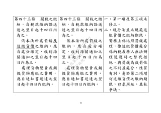 30
第四十三條 關稅之繳
納，自稅款繳納證送
達之翌日起十四日內
為之。
依本法所處罰鍰及
追繳貨價之繳納，應
自處分確定，收到海
關通知之翌日起十四
日內為之。
處理貨物變賣或銷
毀貨物應繳之費用，
應自通知書送達之翌
日起十四日內繳納。
第四十三條 關稅之繳
納，自稅款繳納證送
達之翌日起十四日內
為之。
依本法所處罰鍰之
繳 納 ， 應 自 處 分 確
定，收到海關通知之
翌 日 起 十 四 日 內 為
之。
處理貨物變賣或銷
毀貨物應繳之費用，
應自通知書送達之翌
日起十四日內繳納。
一、第一項及第三項未
修正。
二、現行法並未規範追
繳貨價之繳納期限，
實務上係比照罰鍰處
理，惟追繳貨價處分
係納稅義務人無法辦
理 退 運 時 之 替 代 措
施，與罰鍰為裁罰性
之不利益處分，性質
有別，爰於第二項增
訂追繳貨價之繳納期
限，以求周延，並杜
爭議。
行
政
院
行
政
院
第
3496次
院
會
會
議
1C8D6D9751156A93
 