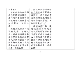 35
人出國。
財政部函請內政部
移民署限制出國時，
應同時以書面敘明理
由並附記救濟程序通
知 當 事 人 ， 依 法 送
達。
海關未執行第一項
前 段 或 第 二 項 規 定
者，財政部不得依第
五項規定函請內政部
移民署限制出國。但
經查納稅義務人或受
處分人無財產可供執
行者，不在此限。
財政部函請內政部
入出國及移民署限制
出國時，應同時以書
面敘明理由並附記救
濟程序通知當事人，
依法送達。
海關未執行第一項
前 段 或 第 二 項 規 定
者，財政部不得依第
五項規定函請內政部
入出國及移民署限制
出國。但經查納稅義
務人或受處分人無財
產可供執行者，不在
此限。
行
政
院
行
政
院
第
3496次
院
會
會
議
1C8D6D9751156A93
 