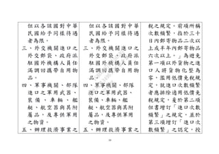 39
但以各該國對中華
民國給予同樣待遇
者為限。
三、外交機關進口之
外交郵袋、政府派
駐國外機構人員任
滿調回攜帶自用物
品。
四、軍事機關、部隊
進口之軍用武器、
裝 備 、 車 輛 、 艦
艇、航空器與其附
屬品，及專供軍用
之物資。
五、辦理救濟事業之
但以各該國對中華
民國給予同樣待遇
者為限。
三、外交機關進口之
外交郵袋、政府派
駐國外機構人員任
滿調回攜帶自用物
品。
四、軍事機關、部隊
進口之軍用武器、
裝備、車輛、艦
艇、航空器與其附
屬品，及專供軍用
之物資。
五、辦理救濟事業之
稅之規定。前項所稱
次數頻繁，指於三十
日內郵寄物品二次以
上或半年內郵寄物品
六次以上。」為避免
第一項以外貨物之進
口 人 將 貨 物 化 整 為
零，濫用低價免稅規
定，就進口次數頻繁
者應排除適用低價免
稅規定，爰於第二項
但書增訂「進口次數
頻繁」之規定，並於
第三項增訂「進口次
數頻繁」之認定，授
行
政
院
行
政
院
第
3496次
院
會
會
議
1C8D6D9751156A93
 