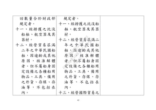 42
回數量合於財政部
規定者。
十一、經撈獲之沈沒
船舶、航空器及其
器材。
十二、經營貿易屆滿
二年之中華民國船
舶，因逾齡或其他
原 因 ， 核 准 解 體
者。但不屬船身固
定設備之各種船用
物品、工具、備用
之外貨、存煤、存
油 等 ， 不 包 括 在
內。
規定者。
十一、經撈獲之沈沒船
舶、航空器及其器
材。
十二、經營貿易屆滿二
年 之 中 華 民 國 船
舶，因逾齡或其他
原 因 ， 核 准 解 體
者。但不屬船身固
定設備之各種船用
物品、工具、備用
之外貨、存煤、存
油 等 ， 不 包 括 在
內。
十三、經營國際貿易之
行
政
院
行
政
院
第
3496次
院
會
會
議
1C8D6D9751156A93
 