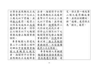 49
以警告並限期改正或
處新臺幣六千元以上
三萬元以下罰鍰；並
得按次處罰；處罰三
次仍未完成改正或違
規情節重大者，得停
止六個月以下之報關
業務或廢止報關業務
證照。
專責報關人員違反
第二十二條第三項所
定辦法中有關專責報
關 人 員 職 責 之 規 定
者，海關得予以警告
並限期改正或處新臺
法者，海關得予以警
告並限期改正或處新
臺幣六千元以上三萬
元以下罰鍰；並得連
續處罰；連續處罰三
次仍未完成改正者，
得停止六個月以下之
報關業務或廢止報關
業務證照。但其情節
重大者，廢止其報關
業務證照，不受連續
處罰三次之限制。
專責報關人員辦理
報關審核簽證業務或
其他應遵行事項，違
定，修正第一項及第
二 項 之 處 罰 構 成 要
件，並依法制體例，
將「連續」處罰修正
為「按次」處罰。
行
政
院
行
政
院
第
3496次
院
會
會
議
1C8D6D9751156A93
 