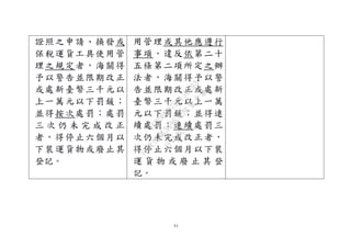 51
證照之申請、換發或
保稅運貨工具使用管
理之規定者，海關得
予以警告並限期改正
或處新臺幣三千元以
上一萬元以下罰鍰；
並得按次處罰；處罰
三 次 仍 未 完 成 改 正
者，得停止六個月以
下裝運貨物或廢止其
登記。
用管理或其他應遵行
事項，違反依第二十
五條第二項所定之辦
法者，海關得予以警
告並限期改正或處新
臺幣三千元以上一萬
元以下罰鍰；並得連
續處罰；連續處罰三
次仍未完成改正者，
得停止六個月以下裝
運 貨 物 或 廢 止 其 登
記。
行
政
院
行
政
院
第
3496次
院
會
會
議
1C8D6D9751156A93
 