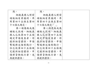 61
限。
納稅義務人對前
項繳納有異議時，準
用第四十五條至第四
十七條之規定。
第一項應繳或應
補繳之款項，納稅義
務人已依第四十五條
規定申請復查者，得
提供相當擔保，申請
暫緩移送強制執行。
但已依第四十五條規
定提供相當擔保，申
請將貨物放行者，免
再提供擔保。
限。
納稅義務人對前
項繳納有異議時，準
用第四十五條至第四
十七條之規定。
第一項應繳或應
補繳之款項，納稅義
務人已依第四十五條
規定申請復查者，得
提供相當擔保，申請
暫緩移送強制執行。
但已依第四十五條規
定提供相當擔保，申
請將貨物放行者，免
再提供擔保。
行
政
院
行
政
院
第
3496次
院
會
會
議
1C8D6D9751156A93
 