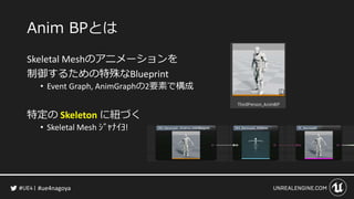 #ue4nagoya
Anim BPとは
Skeletal Meshのアニメーションを
制御するための特殊なBlueprint
• Event Graph, AnimGraphの2要素で構成
特定の Skeleton に紐づく
• Skeletal Mesh ｼﾞｬﾅｲﾖ!
 