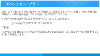 状況：生アクセスログから、あるページを触れた人がどのようなページを見ているのか傾向を
知りたい。（平均値は嘘をつくのでできればヒストグラムがいい）
アプローチ：先ほど作成したピボットテーブルに対して、pandasで
　　　　　　groupbyしてplotでヒストグラムを指定
ご利益：
・エクセルで多数のヒストグラムを作るとなるとツラミがあるが、どんなにデータの種類が多くて
も1行で可視化できる。
Knock3：ヒストグラム
 