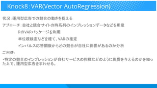 状況：運用型広告での競合の動きを捉える
アプローチ：自社と競合サイトの時系列のインプレッションデータなどを用意
　　　　　　RのVARパッケージを利用
　　　　　　単位根検定などを経て、VARの推定
　　　　　　インパルス応答関数からどの競合が自社に影響があるのか分析
ご利益：
・特定の競合のインプレッションが自社サービスの指標にどのように影響を与えるのかを知っ
た上で、運用型広告をまわせる。
Knock8：VAR(Vector AutoRegression)
 