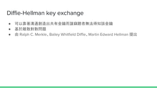 Diffie-Hellman key exchange
 Կͨн耶׌` ߟo֪ԓ
 xɢ}
  Ralph C. MerkleBailey Whitfield DiffieMartin Edward Hellman 
 