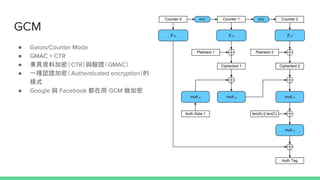GCM
 Galois/Counter Mode
 GMAC + CTR
 YϼܣCTRcCGMAC
 һNJCܣAuthenticated encryption
ģʽ
 Google c Facebook  GCM 
 