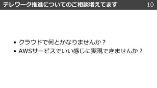 • クラウドで何とかなりませんか︖
• AWSサービスでいい感じに実現できませんか︖
テレワーク推進についてのご相談増えてます 10
 