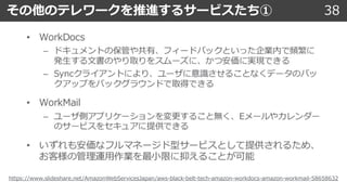 その他のテレワークを推進するサービスたち① 38
https://www.slideshare.net/AmazonWebServicesJapan/aws-black-belt-tech-amazon-workdocs-amazon-workmail-58658632
 