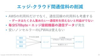 Copyright: ©2018 DAIKIN INDUSTRIES, LTD., All Rights Reserved. 16
エッジ-クラウド間通信料の削減
• AWSの利用料だけでなく、通信回線の利用料も考慮する
• データはたくさん集めたい↔通信料を抑えないと利益がでない
• 毎分570byte×エッジ接続機器の通信データが発生
• 安いノンセルラーのLPWAは使えない
エッジ
機器
機器
機器
クラウド
1分間隔
570byte×30台=17Kbyte
平均30台接続
他通信もあり
 