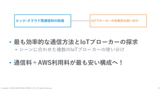 Copyright: ©2018 DAIKIN INDUSTRIES, LTD., All Rights Reserved. 17
• 最も効率的な通信方法とIoTブローカーの探求
• シーンに合わせた複数のIoTブローカーの使い分け
• 通信料＋AWS利用料が最も安い構成へ！
エッジ-クラウド間通信料の削減 IoTブローカーの効果的な使い分け
 