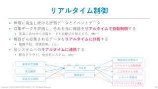 Copyright: ©2018 DAIKIN INDUSTRIES, LTD., All Rights Reserved. 18
リアルタイム制御
• 無限に発生し続ける計測データとイベントデータ
• 収集データを評価し、それを元に機器をリアルタイムで自動制御する
• 室温に合わせて冷暖モードを自動切り替えする、etc…
• 機器から収集されるデータをリアルタイムに分析する
• 故障予知、故障診断、etc…
• 他システムへのリアルタイムに連携する
• 統合クラウド、他分析システム、etc…
業務用空調機
家庭用空調機
データ収集
リアルタイム自動制御
レポート用集計
機器現在状態表示
リアルタイム分析周辺機器
機器操作
リアルタイムシステム連携
 