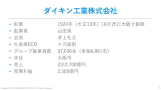 Copyright: ©2018 DAIKIN INDUSTRIES, LTD., All Rights Reserved. 5
ダイキン工業株式会社
• 創業 1924年（大正13年）10月25日大阪で創業
• 創業者 山田晃
• 会長 井上礼之
• 社長兼CEO 十河政則
• グループ従業員数 67,036名（単独6,891名）
• 本社 大阪市
• 売上 2兆2,700億円
• 営業利益 2,500億円
 