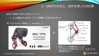 @calm0815
2. URDFの欠点と、SDFを用いた対応策
URDFで表現できないロボットって？
➢ よく指摘されるのが「リンク機構」を有するロボット
例）ETH Zurich が開発した「Ascento」[2]
[2] ASCENTO | Indoor Mobility Robot ETHZ, https://www.ascento.ethz.ch/
• 脚部にリンク機構を有している
• “Hip Motor”が回転することで，ロボットは
屈伸動作を行う
 