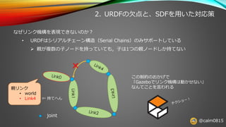 @calm0815
2. URDFの欠点と、SDFを用いた対応策
なぜリンク機構を表現できないのか？
• URDFはシリアルチェーン構造（Serial Chains）のみサポートしている
➢ 親が複数の子ノードを持っていても，子は1つの親ノードしか持てない
Link1
×
この制約のおかげで
「Gazeboでリンク機構は動かせない」
なんてことを言われる
joint
親リンク
• world
• Link4 ⇐ 持てへん
 