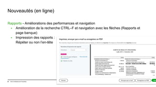 20 Intuit Confidential and Proprietary
Nouveautés (en ligne)
Rapports - Améliorations des performances et navigation
 Amélioration de la recherche CTRL–F et navigation avec les flèches (Rapports et
page banque)
 Impression des rapports :
Répéter ou non l’en-tête
 