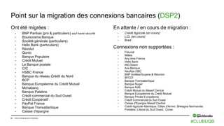 22 Intuit Confidential and Proprietary
En attente / en cours de migration :
 Crédit Agricole (en cours)
 LCL (en cours)
 Bred
Ont été migrées :
 BNP Paribas (pro & particuliers) sauf haute sécurité
 Boursorama Banque
 Société générale (particuliers)
 Hello Bank (particuliers)
 Revolut
 Qonto
 Banque Populaire
 Crédit Mutuel
 La Banque postale
 CIC
 HSBC France
 Banque du réseau Crédit du Nord
 BCP
 Banque Européenne du Crédit Mutuel
 Monabanq
 Banque Palatine
 Crédit commercial du Sud Ouest
 Crédit Coopératif
 PayPal France
 Banque Transatlantique
 Caisse d’épargne
Point sur la migration des connexions bancaires (DSP2)
Connexions non supportées :
 Fiducial
 Milléis
 Any.time France
 Hello Bank
 ING Direct
 Axa Banque
 Neuflize OBC
 BNP Antilles/Guyane & Réunion
 BFCOI
 Banque Transatlantique
 Banque Nuger
 Banque Kolb
 Crédit Mutuel du Massif Central
 Banque Européenne du Crédit Mutuel
 Banque Privée Européenne
 Crédit Commercial du Sud Ouest
 Caisse d'Epargne Massif Central
 Crédit Agricole Atlantique, Côtes d'Armor, Bretagne Normandie,
Finistère, Littoral du Sud Ouest, Corse
#CLUBUQB
 