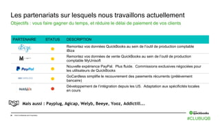 40 Intuit Confidential and Proprietary
PARTENAIRE STATUS DESCRIPTION
● Remontez vos données QuickBooks au sein de l’outil de production comptable
iBiza
● Remontez vos données de vente QuickBooks au sein de l’outil de production
comptable MyUnisoft
● Nouvelle expérience PayPal. Plus fluide. Commissions exclusives négociées pour
les utilisateurs de QuickBooks
● GoCardless simplifie le recouvrement des paiements récurrents (prélèvement
bancaire)
● Développement de l’intégration depuis les US. Adaptation aux spécificités locales
en cours
Les partenariats sur lesquels nous travaillons actuellement
Objectifs : vous faire gagner du temps, et réduire le délai de paiement de vos clients
Mais aussi : Payplug, Agicap, Welyb, Beeye, Yooz, Addictill...
#CLUBUQB
 