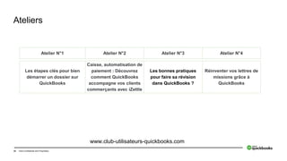 43 Intuit Confidential and Proprietary
Ateliers
Les étapes clés pour bien
démarrer un dossier sur
QuickBooks
Caisse, automatisation de
paiement : Découvrez
comment QuickBooks
accompagne vos clients
commerçants avec iZettle
Les bonnes pratiques
pour faire sa révision
dans QuickBooks ?
Réinventer vos lettres de
missions grâce à
QuickBooks
www.club-utilisateurs-quickbooks.com
Atelier N°1 Atelier N°2 Atelier N°3 Atelier N°4
 