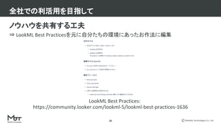 Mobility Technologies Co., Ltd.26
ノウハウを共有する工夫
⇒ LookML Best Practicesを元に自分たちの環境にあったお作法に編集
LookML Best Practices:
https://community.looker.com/lookml-5/lookml-best-practices-1636
全社での利活用を目指して
 