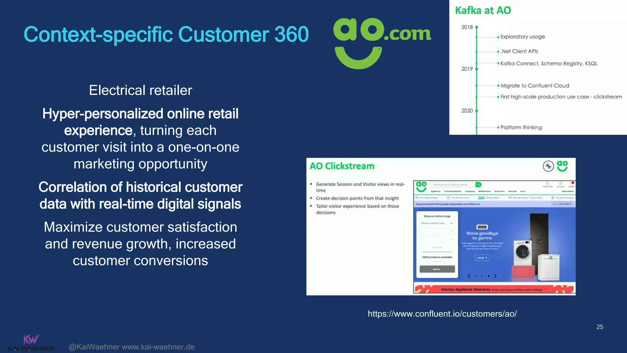 @KaiWaehner www.kai-waehner.de
Context-specific Customer 360
25
Electrical retailer
Hyper-personalized online retail
experience, turning each
customer visit into a one-on-one
marketing opportunity
Correlation of historical customer
data with real-time digital signals
Maximize customer satisfaction
and revenue growth, increased
customer conversions
https://www.confluent.io/customers/ao/
 
