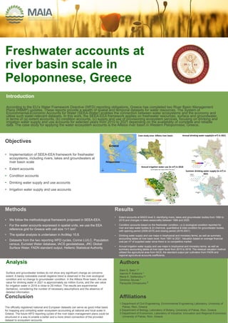 Freshwater accounts at
river basin scale in
Peloponnese, Greece
Introduction
According to the EU’s Water Framework Directive (WFD) reporting obligations, Greece has completed two River Basin Management
Plans (RBMP) updates. These reports provide a wealth of spatial and temporal datasets for water resources. The System of
Environmental-Economic Accounts for Water (SEEA-Water) enables the connection between water ecosystems and the economy and
utilise such water-relevant datasets. In this work, the SEEA-EEA framework applies on freshwater resources, surface and groundwater,
in terms of (a) extent accounts, (b) condition accounts, (c) supply and use of provisioning ecosystem services, focusing on drinking and
irrigation water supply and use accounts for selected years from 2010 to 2021 depending on the availability of complete and reliable
data. The case study for applying the water ecosystem accounts is the Alfeios river basin in Western Peloponnese, Greece..
Objectives
• Implementation of SEEA-EEA framework for freshwater
ecosystems, including rivers, lakes and groundwaters at
river basin scale
• Extent accounts
• Condition accounts
• Drinking water supply and use accounts
• Irrigation water supply and use accounts
Analysis
Surface and groundwater bodies do not show any significant change as concerns
extent. A barely noticeable overall negative trend is observed in the river ecological
condition and no change to groundwater condition. In the Alfeios River basin, the use
value for drinking water in 2021 is approximately six million Euros, and the use value
for irrigation water in 2018 is close to 29 million. The results are experimental
(tentative), considering the number of necessary assumptions and the absence of
detailed information.
Conclusion
The officially registered national and European datasets can serve as good initial basis
for mapping and compiling water ecosystem accounting at national and local scale in
Greece. The future WFD reporting cycles of the river basin management plans could be
structured in a way to enable a better and a more direct connection of the provided
dataset to ecosystem accounts.
Authors
Eleni S. Bekri 1,2
Ioannis P. Kokkoris 2
Maria K. Stefanidou1,2
Dimitrios Skuras 3
Panayotis Dimopoulos 2
Affiliations
1 Department of Civil Engineering, Environmental Engineering Laboratory, University of
Patras, Rion, Greece
2 Department of Biology, Laboratory of Botany, University of Patras, Rion, Greece
3 Department of Economics, Laboratory of Industrial, Innovation and Regional Economics,
University of Patras, Rion, Greece
Methods
• We follow the methodological framework proposed in SEEA-EEA.
• For the water accounts expressed in spatial units, we use the EEA
reference grid for Greece with cell size 1×1 km2.
• The spatial analysis is undertaken in ArcMap 10,8.
• Datasets from the two reporting WFD cycles, Corine LU/LC, Population
census, Eurostat Water database, IACS geodatabase, JRC Global
Surface Water, FADN standard output, Hellenic Statistical Authority
Results
• Extent accounts at MAES level 3, identifying rivers, lakes and groundwater bodies from 1990 to
2018 and changes in lakes seasonality between 1984 and 2020.
• Condition accounts based on the freshwater condition, i.e (i) ecological condition reported for
river and lake water bodies & (ii) chemical, quantitative & total condition for groundwater bodies,
with opening period (2009-2015) and closing period (2016-2021).
• Drinking water supply and use maps in biophysical and monetary terms, as well as summary
accounting tables at river basin level, from 1991 to 2021. Valuation based on average financial
cost per m3 of supplied water since there is no competitive market.
• Annual irrigation water supply and use maps in biophysical and monetary terms, as well as
summary accounting tables at river basin level from 2015 to 2018. The residual valuation method
utilised the agricultural area from IACS, the standard output per cultivation from FADN and
regional agricultural accounts coefficients.
Case study area: Alfeios river basin
Greece
Annual irrigation water use (in m3) in 2018
Annual drinking water supply(in m3) in 2021
Summer drinking water supply (in m3) in
2021
Peloponnese
 