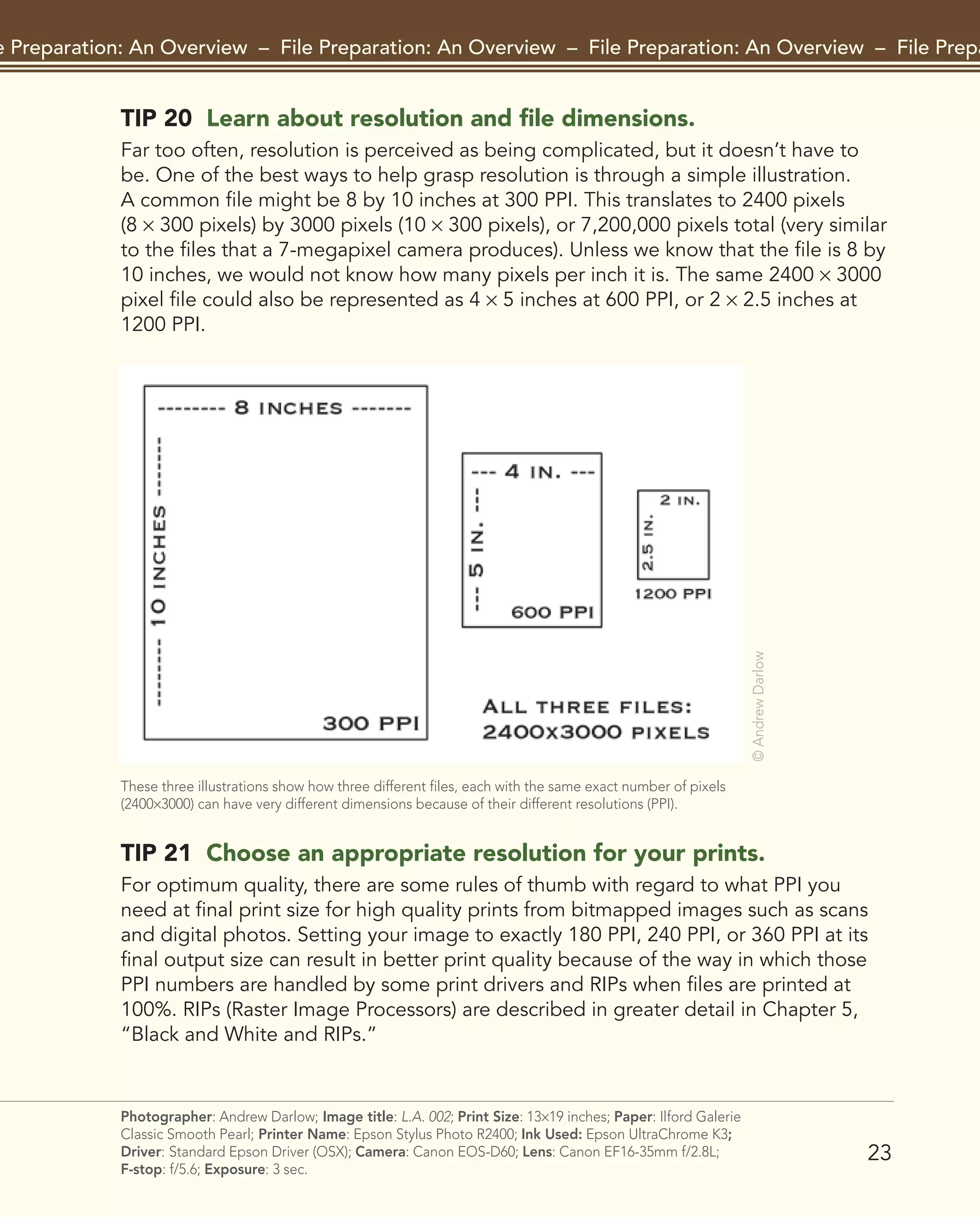 TIP 20 Learn about resolution and file dimensions.
Far too often, resolution is perceived as being complicated, but it doesn’t have to
be. One of the best ways to help grasp resolution is through a simple illustration.
A common file might be 8 by 10 inches at 300 PPI. This translates to 2400 pixels
(8 × 300 pixels) by 3000 pixels (10 × 300 pixels), or 7,200,000 pixels total (very similar
to the files that a 7-megapixel camera produces). Unless we know that the file is 8 by
10 inches, we would not know how many pixels per inch it is. The same 2400 × 3000
pixel file could also be represented as 4 × 5 inches at 600 PPI, or 2 × 2.5 inches at
1200 PPI.
23
File Preparation: An Overview – File Preparation: An Overview – File Preparation: An Overview – File Preparat
Photographer: Andrew Darlow; Image title: L.A. 002; Print Size: 13×19 inches; Paper: Ilford Galerie
Classic Smooth Pearl; Printer Name: Epson Stylus Photo R2400; Ink Used: Epson UltraChrome K3;
Driver: Standard Epson Driver (OSX); Camera: Canon EOS-D60; Lens: Canon EF16-35mm f/2.8L;
F-stop: f/5.6; Exposure: 3 sec.
TIP 21 Choose an appropriate resolution for your prints.
For optimum quality, there are some rules of thumb with regard to what PPI you
need at final print size for high quality prints from bitmapped images such as scans
and digital photos. Setting your image to exactly 180 PPI, 240 PPI, or 360 PPI at its
final output size can result in better print quality because of the way in which those
PPI numbers are handled by some print drivers and RIPs when files are printed at
100%. RIPs (Raster Image Processors) are described in greater detail in Chapter 5,
“Black and White and RIPs.”
These three illustrations show how three different files, each with the same exact number of pixels
(2400×3000) can have very different dimensions because of their different resolutions (PPI).
©
Andrew
Darlow
2043-300InkjetTips-02 9/7/07 5:44 PM Page 23
 