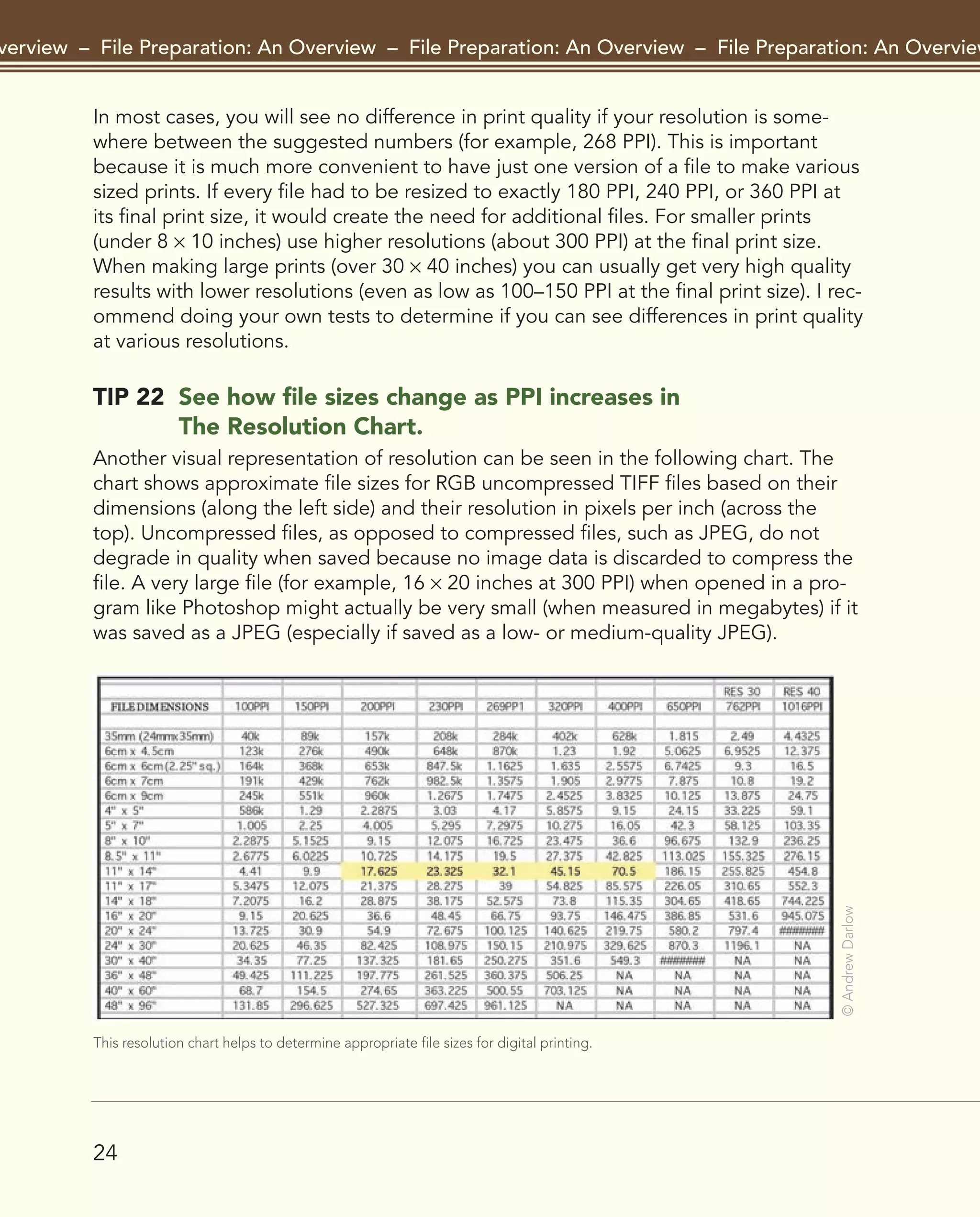 24
Overview – File Preparation: An Overview – File Preparation: An Overview – File Preparation: An Overview –
In most cases, you will see no difference in print quality if your resolution is some-
where between the suggested numbers (for example, 268 PPI). This is important
because it is much more convenient to have just one version of a file to make various
sized prints. If every file had to be resized to exactly 180 PPI, 240 PPI, or 360 PPI at
its final print size, it would create the need for additional files. For smaller prints
(under 8 × 10 inches) use higher resolutions (about 300 PPI) at the final print size.
When making large prints (over 30 × 40 inches) you can usually get very high quality
results with lower resolutions (even as low as 100–150 PPI at the final print size). I rec-
ommend doing your own tests to determine if you can see differences in print quality
at various resolutions.
TIP 22 See how file sizes change as PPI increases in
The Resolution Chart.
Another visual representation of resolution can be seen in the following chart. The
chart shows approximate file sizes for RGB uncompressed TIFF files based on their
dimensions (along the left side) and their resolution in pixels per inch (across the
top). Uncompressed files, as opposed to compressed files, such as JPEG, do not
degrade in quality when saved because no image data is discarded to compress the
file. A very large file (for example, 16 × 20 inches at 300 PPI) when opened in a pro-
gram like Photoshop might actually be very small (when measured in megabytes) if it
was saved as a JPEG (especially if saved as a low- or medium-quality JPEG).
This resolution chart helps to determine appropriate file sizes for digital printing.
©
Andrew
Darlow
2043-300InkjetTips-02 9/7/07 5:44 PM Page 24
 