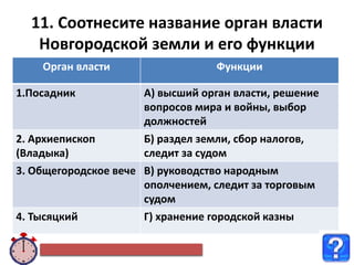 11. Соотнесите название орган власти
Новгородской земли и его функции
Орган власти Функции
1.Посадник А) высший орган власти, решение
вопросов мира и войны, выбор
должностей
2. Архиепископ
(Владыка)
Б) раздел земли, сбор налогов,
следит за судом
3. Общегородское вече В) руководство народным
ополчением, следит за торговым
судом
4. Тысяцкий Г) хранение городской казны
 