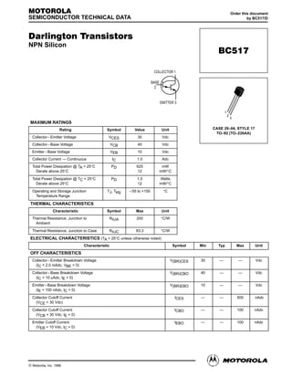 MOTOROLA                                                                                                           Order this document
SEMICONDUCTOR TECHNICAL DATA                                                                                                by BC517/D




Darlington Transistors
NPN Silicon
                                                                                                      BC517
                                                                      COLLECTOR 1

                                                                     BASE
                                                                       2



                                                                            EMITTER 3

                                                                                                           1
                                                                                                               2
                                                                                                                   3
MAXIMUM RATINGS
                 Rating                    Symbol        Value              Unit                    CASE 29–04, STYLE 17
                                                                                                     TO–92 (TO–226AA)
 Collector – Emitter Voltage                VCES          30                 Vdc
 Collector – Base Voltage                       VCB       40                 Vdc
 Emitter – Base Voltage                         VEB       10                 Vdc
 Collector Current — Continuous                 IC        1.0                Adc
 Total Power Dissipation @ TA = 25°C            PD        625                mW
   Derate above 25°C                                      12                mW/°C
 Total Power Dissipation @ TC = 25°C            PD        1.5               Watts
   Derate above 25°C                                      12                mW/°C
 Operating and Storage Junction            TJ, Tstg   – 55 to +150           °C
  Temperature Range

THERMAL CHARACTERISTICS
             Characteristic                Symbol        Max                Unit
 Thermal Resistance, Junction to            RqJA          200               °C/W
   Ambient
 Thermal Resistance, Junction to Case       RqJC         83.3               °C/W
ELECTRICAL CHARACTERISTICS (TA = 25°C unless otherwise noted)
                               Characteristic                                       Symbol    Min     Typ              Max     Unit
OFF CHARACTERISTICS
 Collector – Emitter Breakdown Voltage                                             V(BR)CES   30       —               —       Vdc
  (IC = 2.0 mAdc, VBE = 0)
 Collector – Base Breakdown Voltage                                                V(BR)CBO   40       —               —       Vdc
  (IC = 10 mAdc, IE = 0)
 Emitter – Base Breakdown Voltage                                                  V(BR)EBO   10       —               —       Vdc
  (IE = 100 nAdc, IC = 0)
 Collector Cutoff Current                                                            ICES     —        —               500     nAdc
  (VCE = 30 Vdc)
 Collector Cutoff Current                                                            ICBO     —        —               100     nAdc
  (VCB = 30 Vdc, IE = 0)
 Emitter Cutoff Current                                                              IEBO     —        —               100     nAdc
  (VEB = 10 Vdc, IC = 0)




Motorola Small–Signal Transistors, FETs and Diodes Device Data                                                                   1
© Motorola, Inc. 1996
 