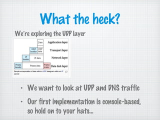 What the heck?
• We want to look at UDP and DNS traffic
• Our first implementation is console-based,
so hold on to your hats...
We’re exploring the UDP layer
 