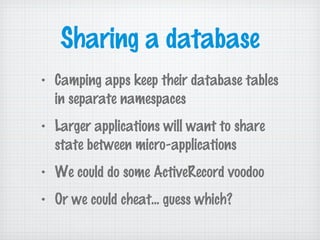 Sharing a database
• Camping apps keep their database tables
in separate namespaces
• Larger applications will want to share
state between micro-applications
• We could do some ActiveRecord voodoo
• Or we could cheat... guess which?
 