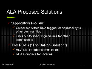 ALA Proposed Solutions “ Application Profiles” Guidelines within RDA tagged for applicability to other communities Links out to specific guidelines for other communities Two RDA’s (“The Balkan Solution”) RDA Lite for other communities RDA Complete for libraries 