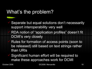 What’s the problem? Separate but equal solutions don’t necessarily support interoperability very well RDA notion of “application profiles” doesn’t fit DCMI’s very closely Rules for formation of access points (soon to be released) still based on text strings rather than URIs Significant human effort will be required to make these approaches work for DCMI 